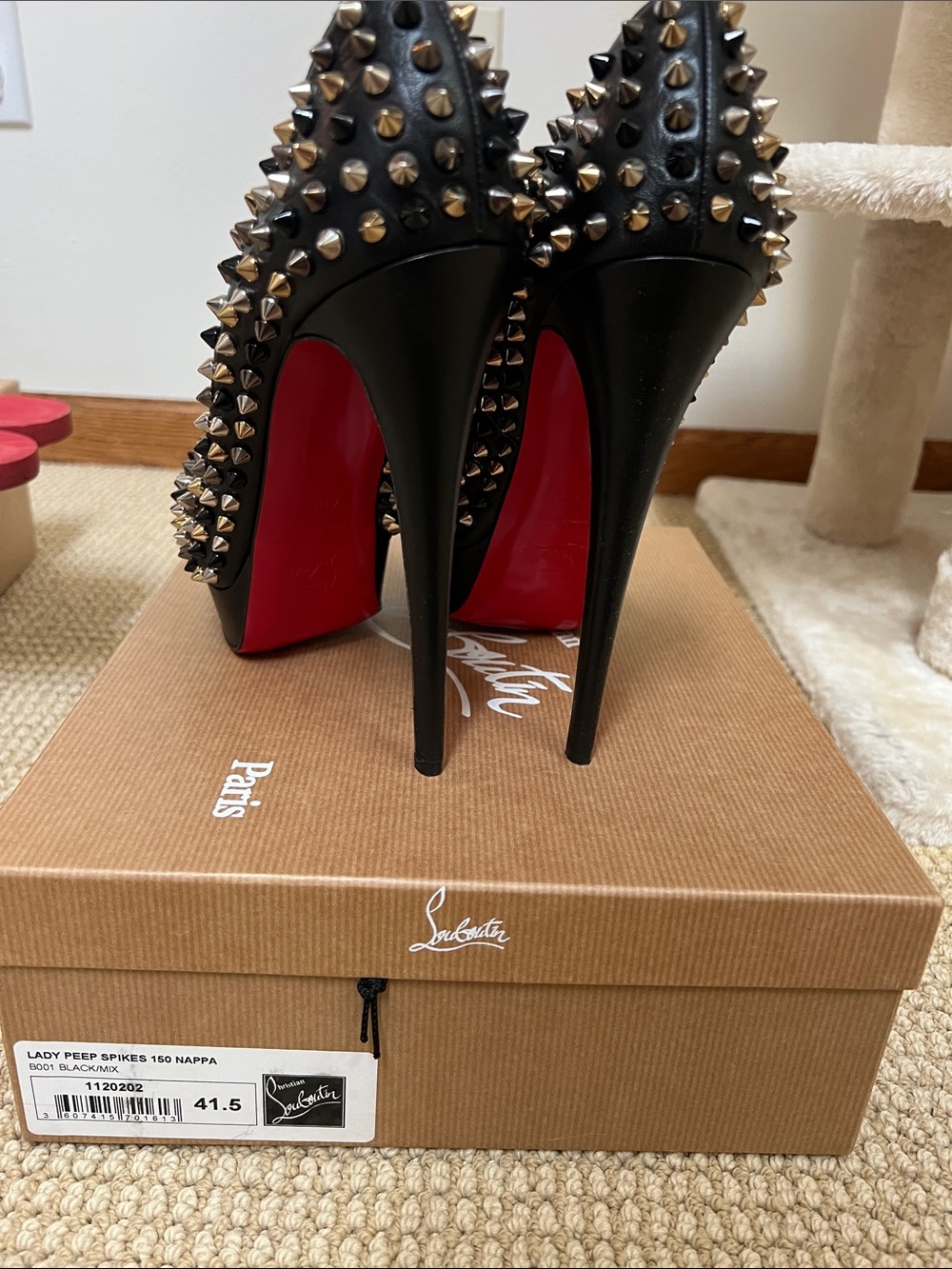 Christian Louboutin Black Studded Peep-Toe Platform Heels - Picture 3 of 6